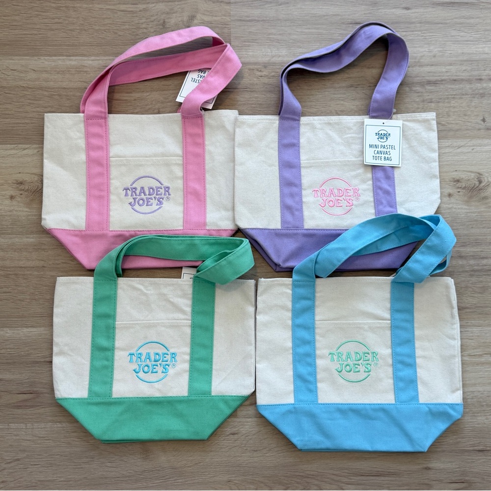 NWT Trader Joe's Mini Canvas Tote Bags 4 Pastel Colors Set of 4 Limited Edition